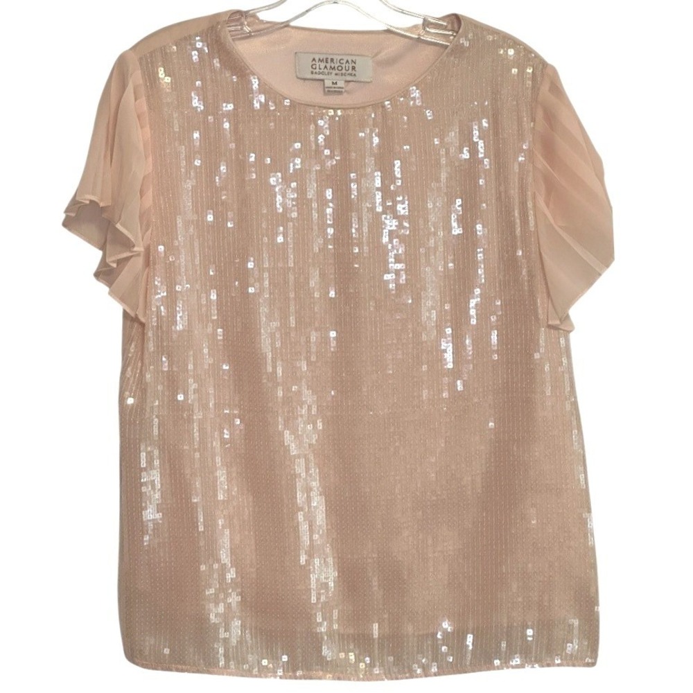American Glamour Badgley Mischka Blouse Women Blush Sequin Sparkle Romantic M